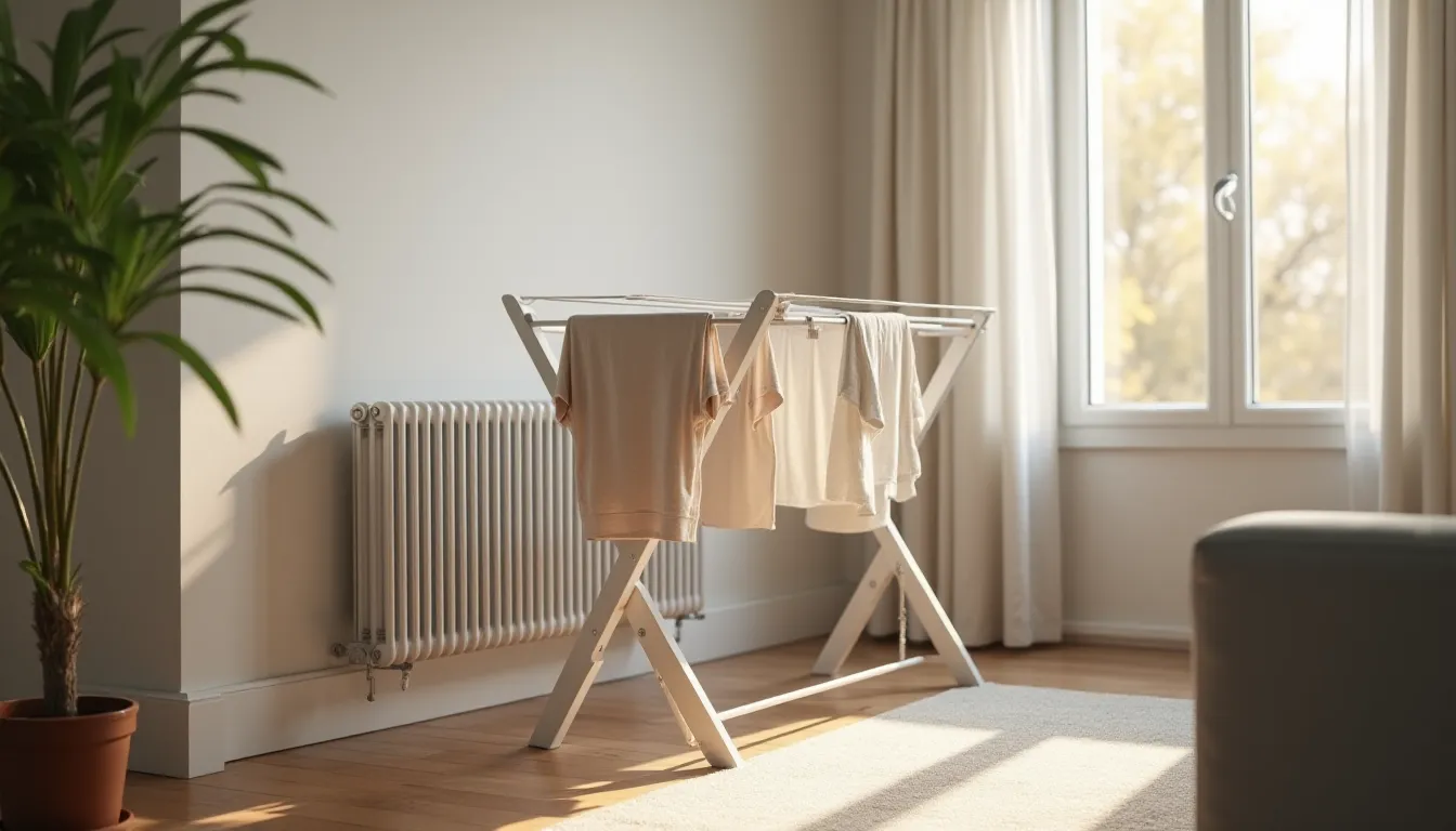 Tancarville linge blanc bien positionné près d'un radiateur et d'une fenêtre entrouverte dans un appartement moderne en hiver, linge suspendu en train de sécher