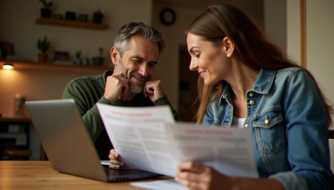 Un couple français comparant des avis clients sur un ordinateur portable pour évaluer la fiabilité d'un prestataire de services à domicile