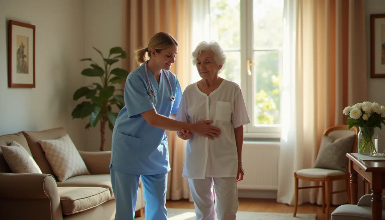 Une aide à domicile professionnelle accompagnant une personne âgée dans son salon, illustrant les services seniors proposés par des réseaux comme Axeo Services