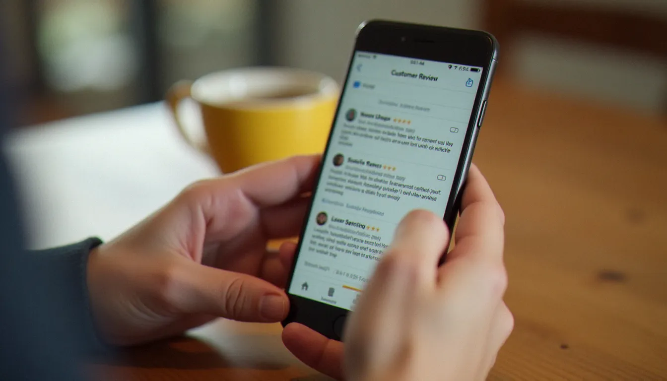 Particulier consultant des avis sur cash services depuis son smartphone à domicile