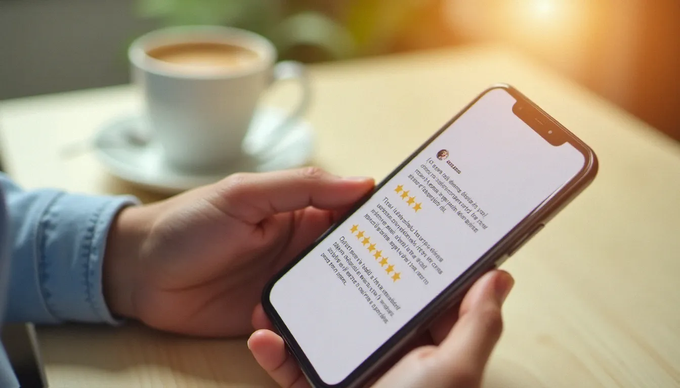 Personne consultant des avis clients sur un smartphone pour comparer des prestataires de services à domicile avant de faire son choix