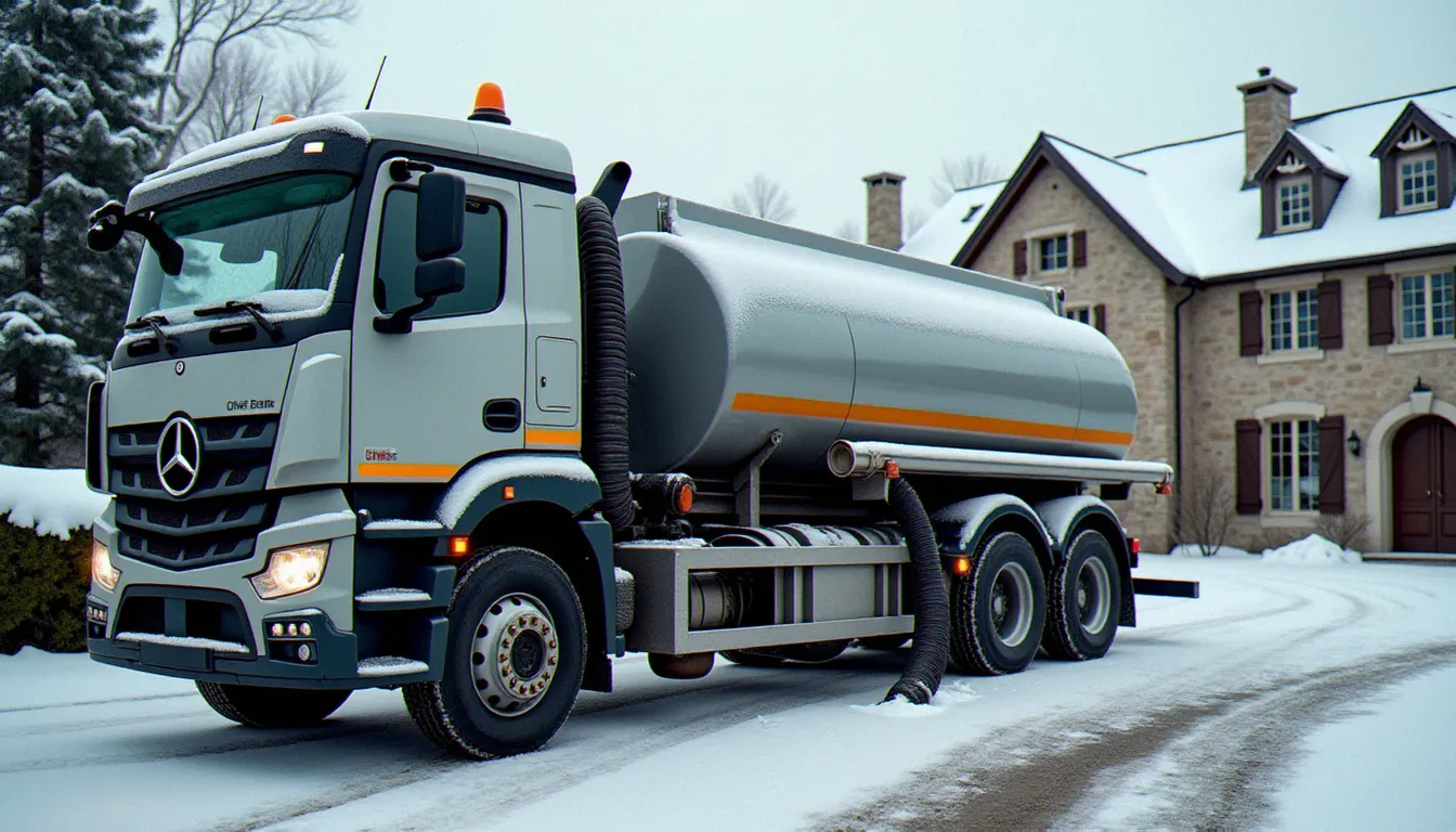 Camion de livraison de fioul domestique remplissant une cuve enterrée devant une maison de campagne française, illustration des tarifs de livraison mazout
