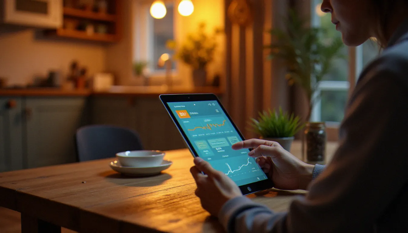 Propriétaire consultant les données de consommation de chauffage sur une tablette connectée à un thermostat intelligent, dans le cadre d'un suivi full services mazout