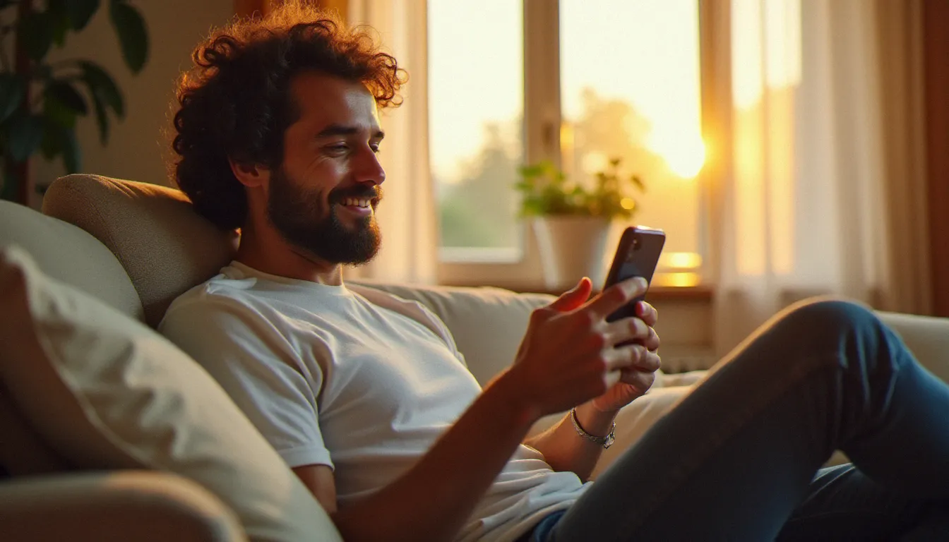 Propriétaire satisfait consultant les avis utilisateurs sur Jevo Services depuis son smartphone dans son salon chaleureux