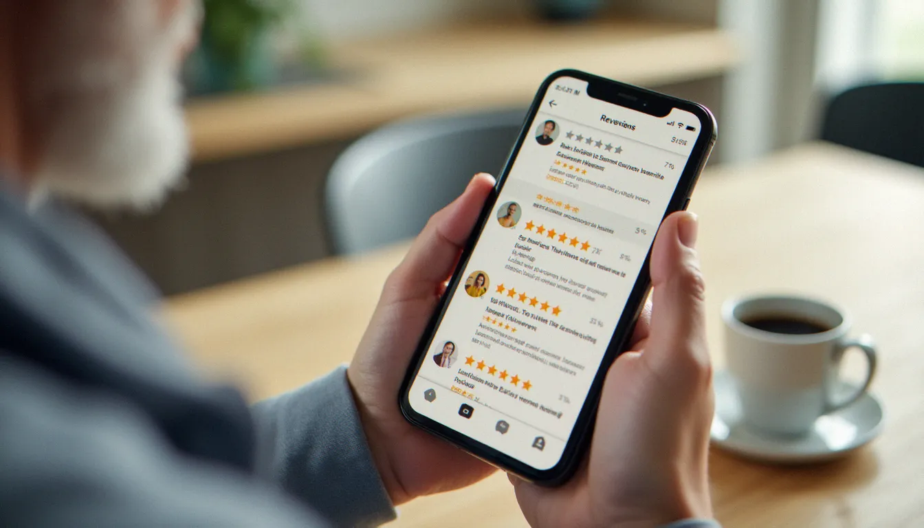 Personne consultant attentivement des avis clients sur smartphone pour comparer et évaluer des prestataires de loc services avant de faire son choix