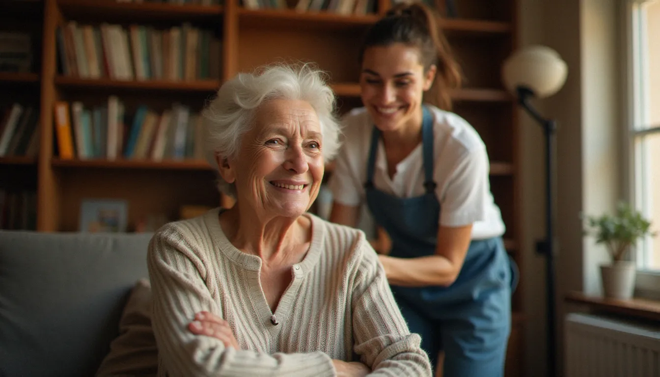 Cliente âgée satisfaite recevant une aide à domicile professionnelle et bienveillante, illustrant la valeur des avis clients positifs dans le secteur des loc services