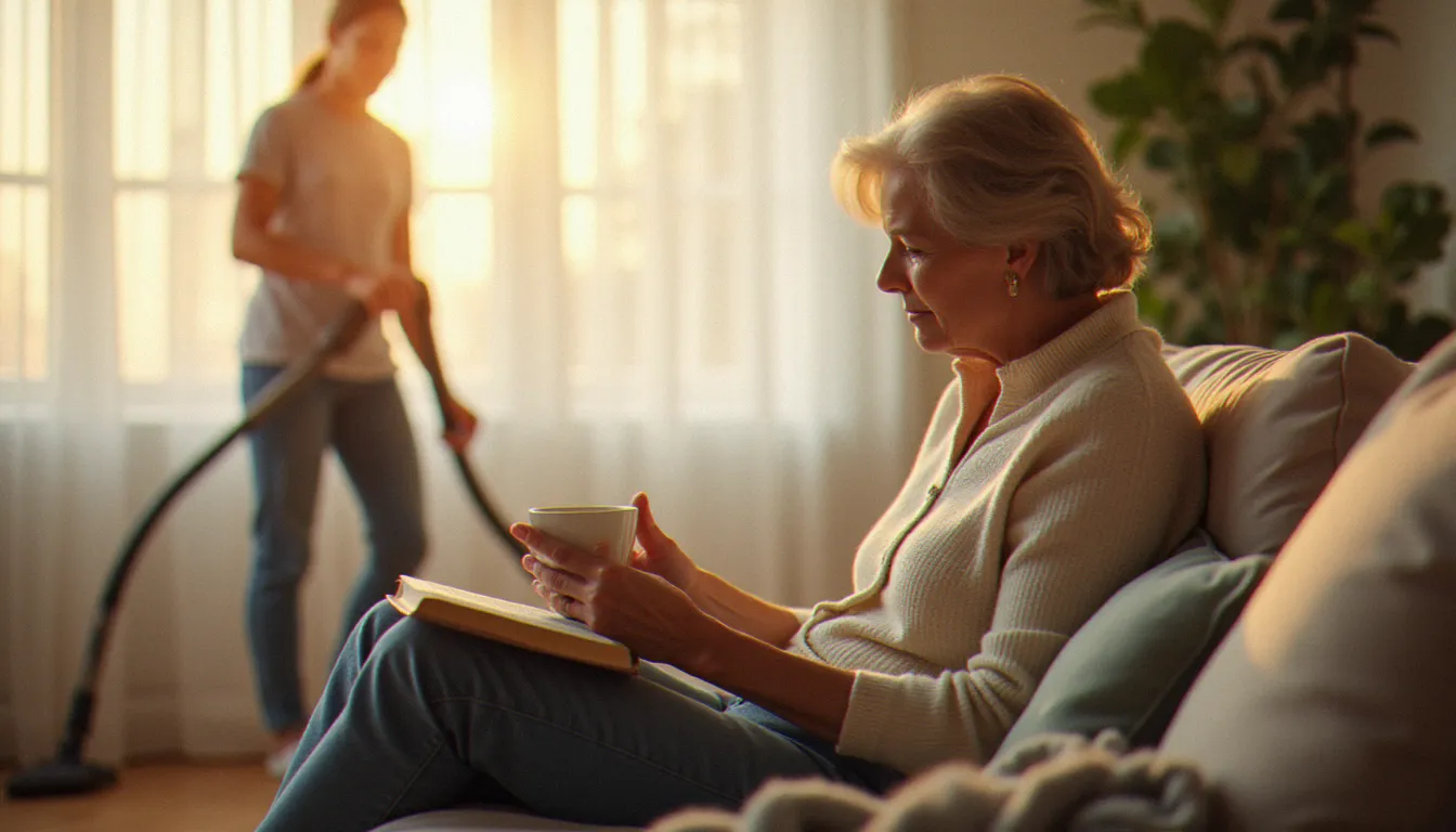 Femme détendue sur son canapé avec un livre pendant qu'un prestataire de services à la personne s'occupe de l'entretien de son domicile en arrière-plan