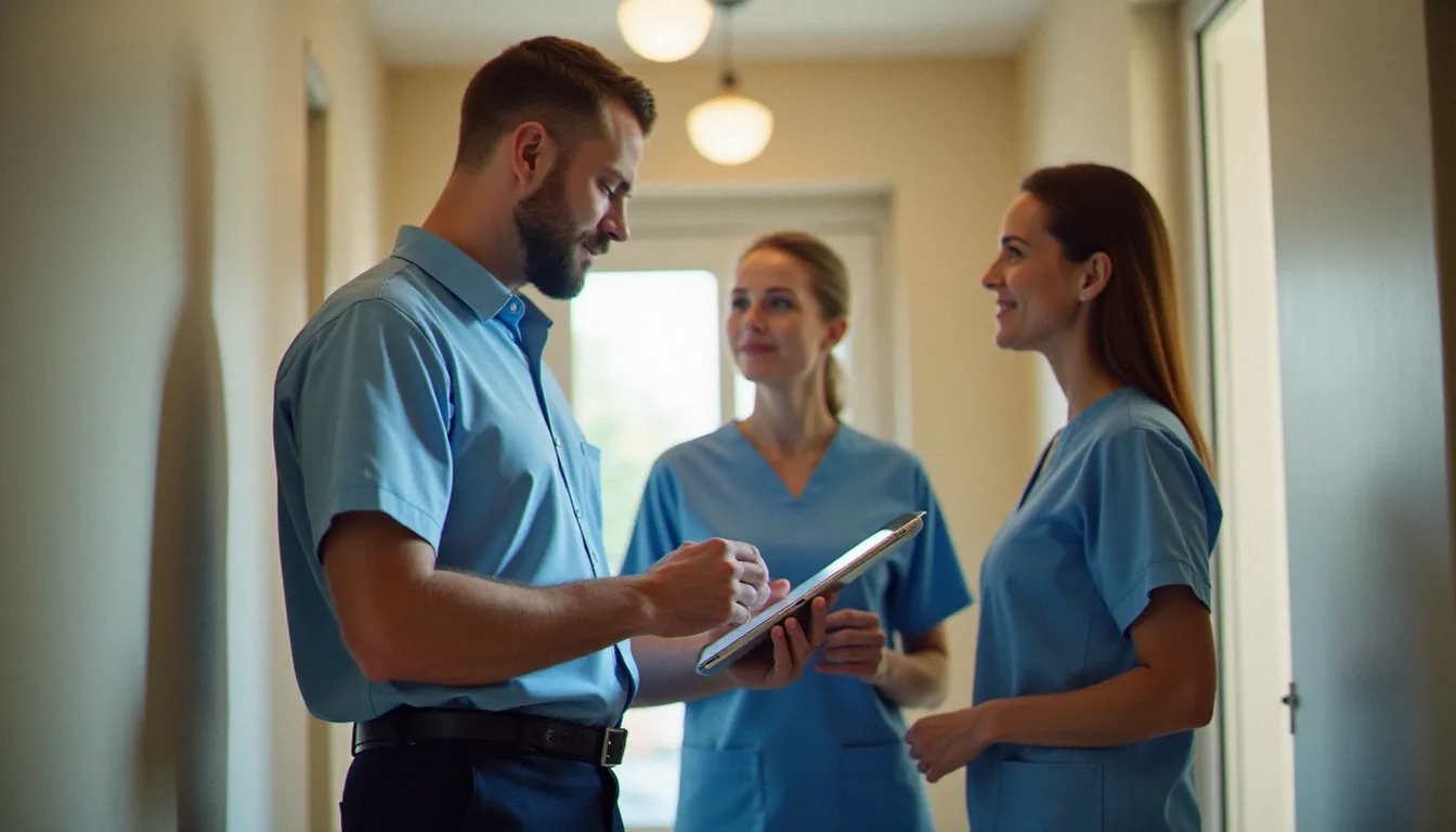 Responsable d'équipe de services à la personne consultant sa tablette avec deux collaborateurs en uniforme dans le hall d'un immeuble résidentiel français
