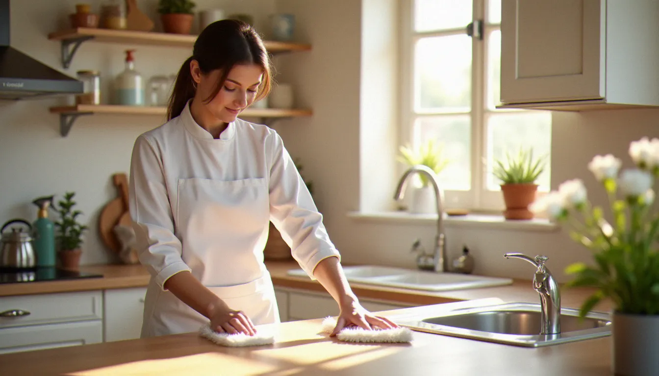 Agent d'entretien professionnel réalisant une prestation de ménage dans une cuisine de maison rurale française bien éclairée