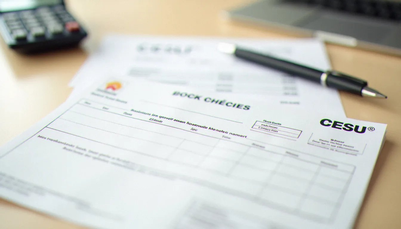 Carnet CESU, calculatrice et facture de services posés sur un bureau, illustrant le calcul des titres services prix 2025 et du crédit d'impôt
