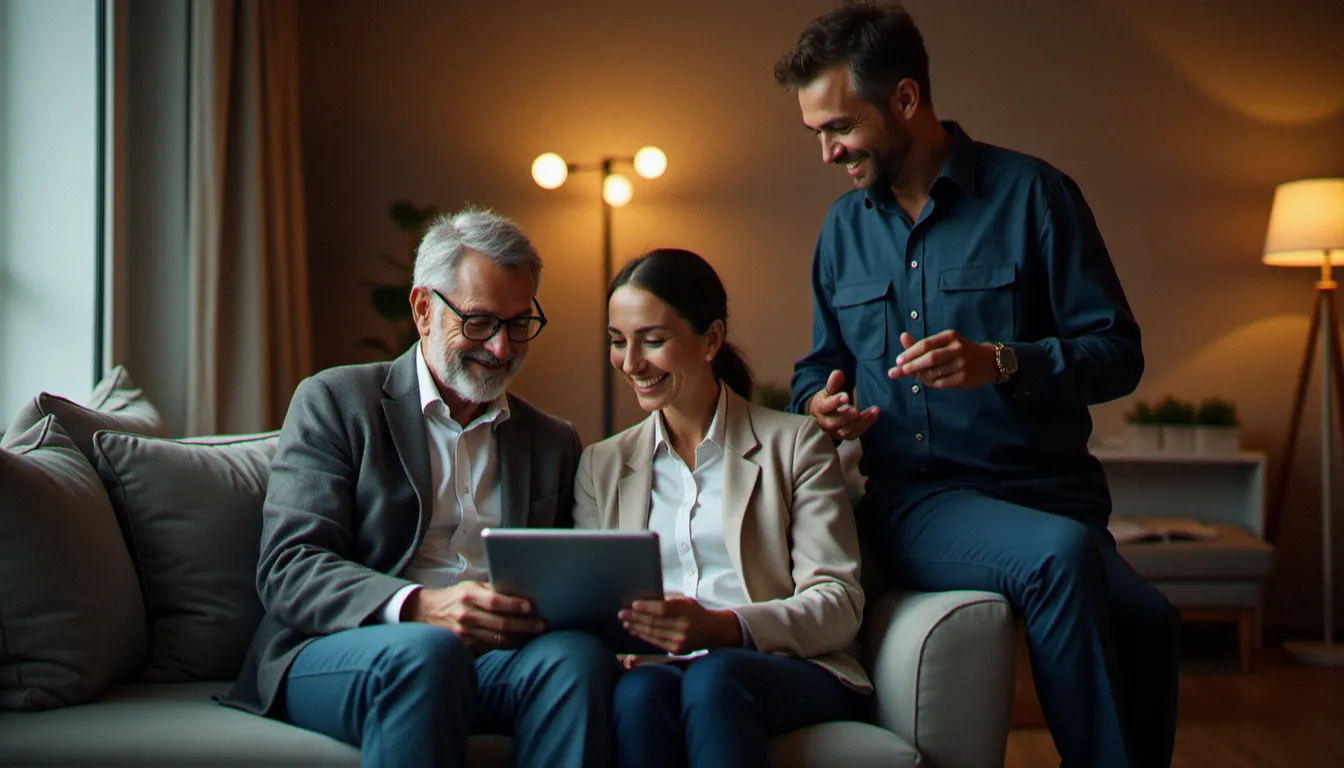 Couple discutant d'un devis de services à domicile avec un conseiller Move Confort Services, dans le cadre de l'offre titres services 2025