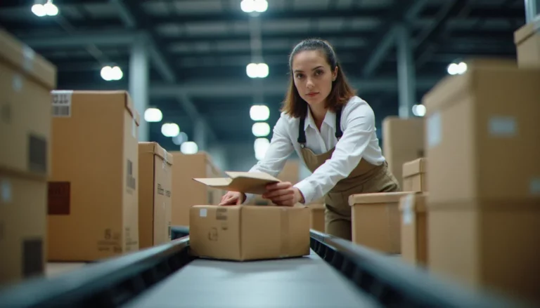 Agent logistique triant des colis express sur un tapis roulant dans un entrepôt moderne, illustrant le service guide FedEx 2025