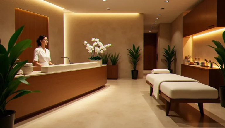 Espace d'accueil d'un spa premium avec décoration naturelle, thérapeute en uniforme blanc et produits de soins naturels illustrant les services offered by NatureLife Spa Premium