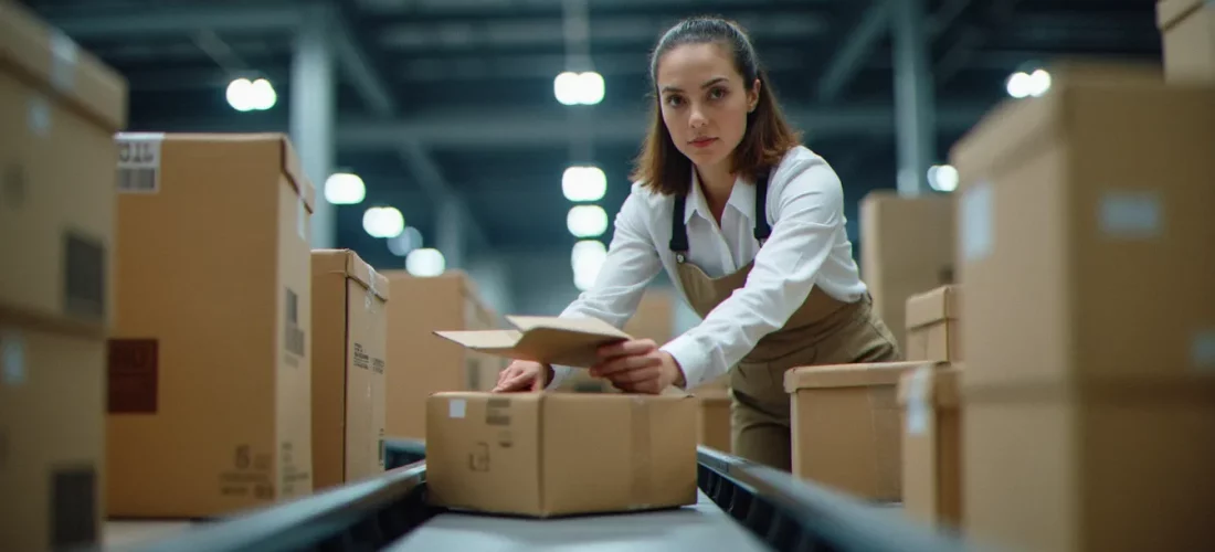 Agent logistique triant des colis express sur un tapis roulant dans un entrepôt moderne, illustrant le service guide FedEx 2025