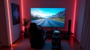 Espace gaming premium aménagé à domicile avec siège simulateur de course et écran OLED pour les services de jeu Forza Horizon 6