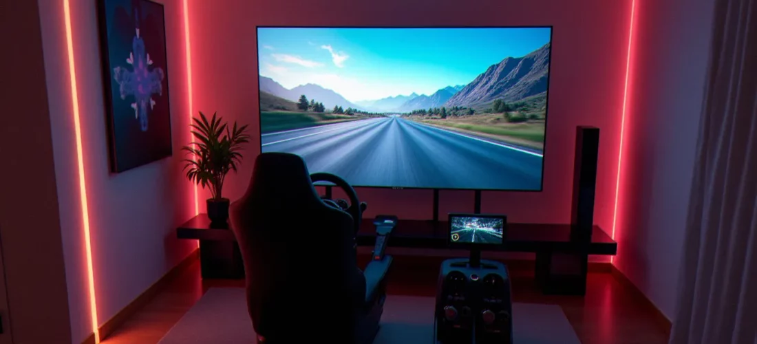 Espace gaming premium aménagé à domicile avec siège simulateur de course et écran OLED pour les services de jeu Forza Horizon 6