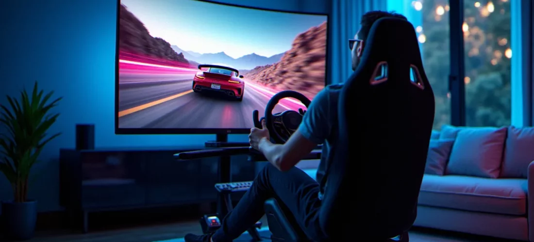 Setup gaming complet avec volant de course et écran 4K installés dans un salon moderne, illustrant les services de jeu Forza Horizon 6 à domicile