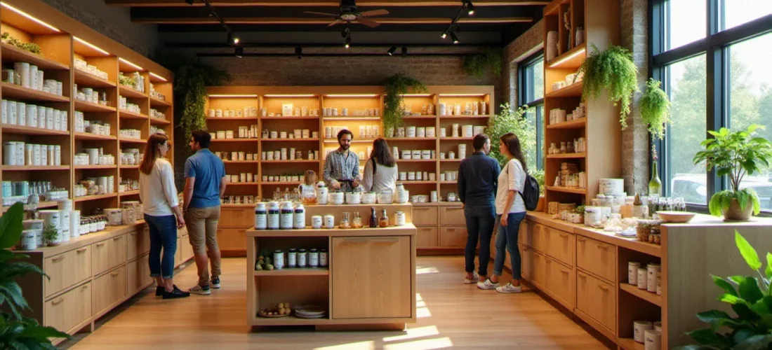 Intérieur lumineux d'une boutique Natureland proposant des services de conseil et une sélection de produits naturels et biologiques, illustrant les services offered by natureland liat towers