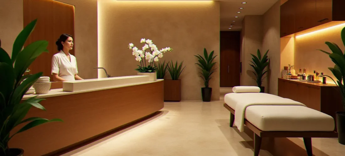 Espace d'accueil d'un spa premium avec décoration naturelle, thérapeute en uniforme blanc et produits de soins naturels illustrant les services offered by NatureLife Spa Premium