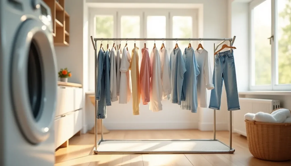 Tancarville linge en acier inoxydable chargé de vêtements colorés dans une buanderie lumineuse baignée de lumière naturelle