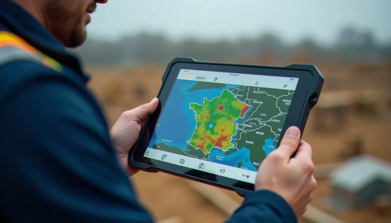 Professionnel du bâtiment consultant un outil d'aviation weather services sur tablette avant une intervention extérieure