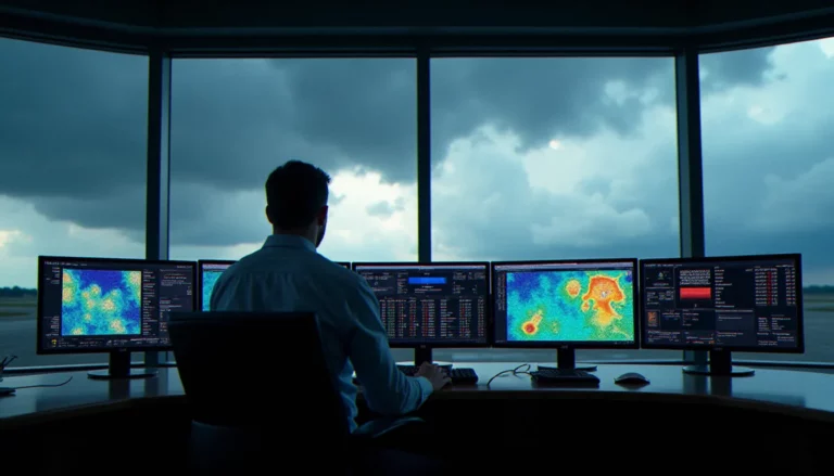 Centre météorologique aéronautique avec écrans de données et cartes de prévisions illustrant l'aviation weather services guide professionnel
