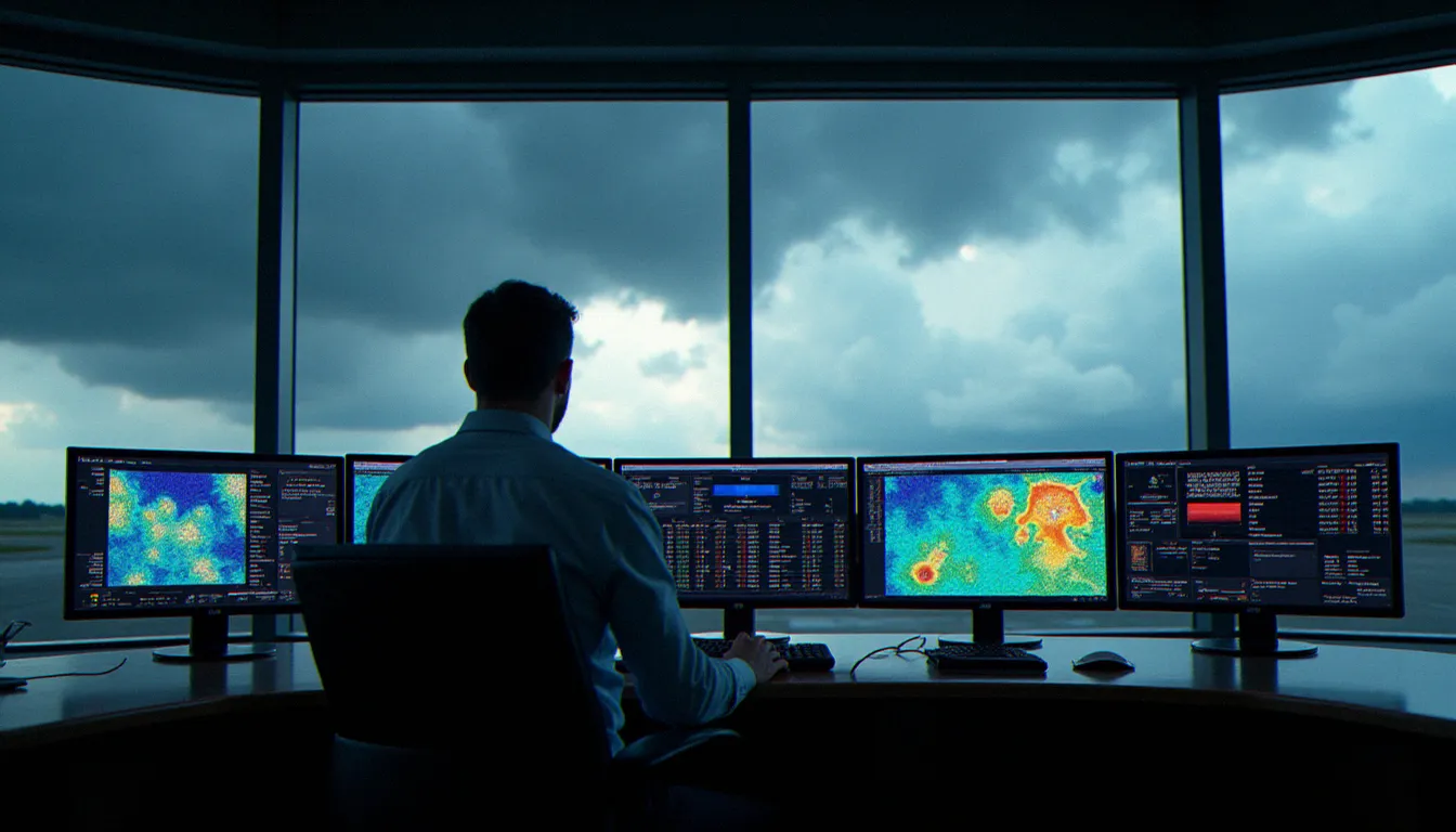 Centre météorologique aéronautique avec écrans de données et cartes de prévisions illustrant l'aviation weather services guide professionnel