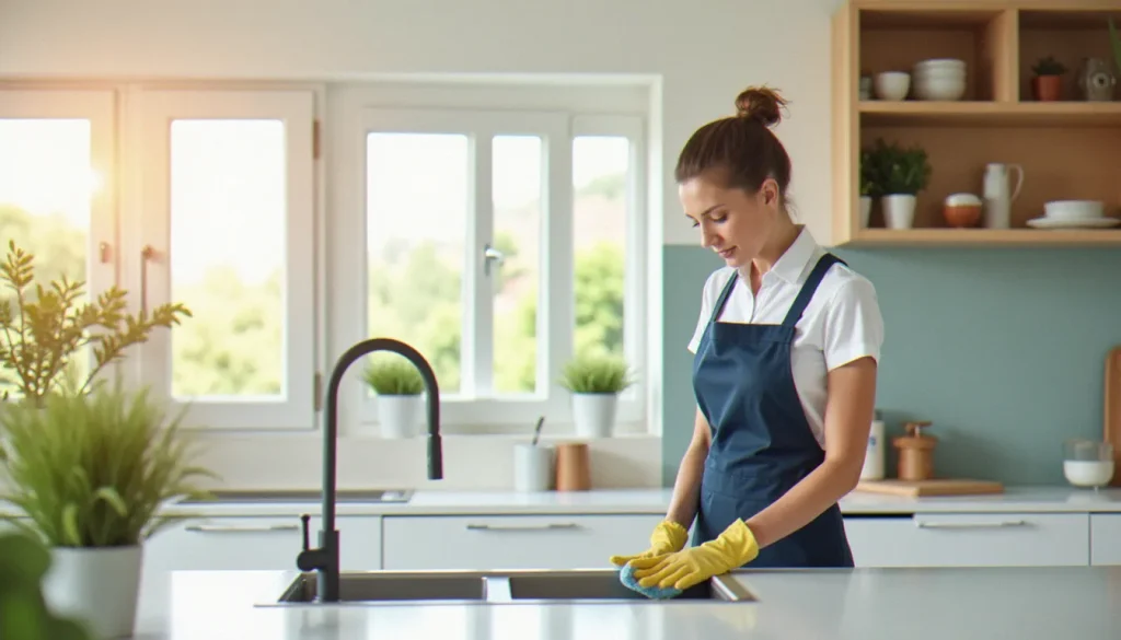 Une intervenante professionnelle d'un réseau de services à domicile comme Axeo Services effectuant une prestation ménage dans une cuisine lumineuse et moderne
