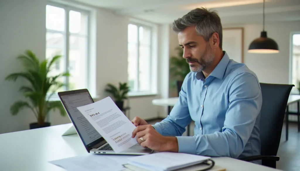 Conseiller professionnel analysant des cash services avis clients sur ordinateur dans un bureau lumineux