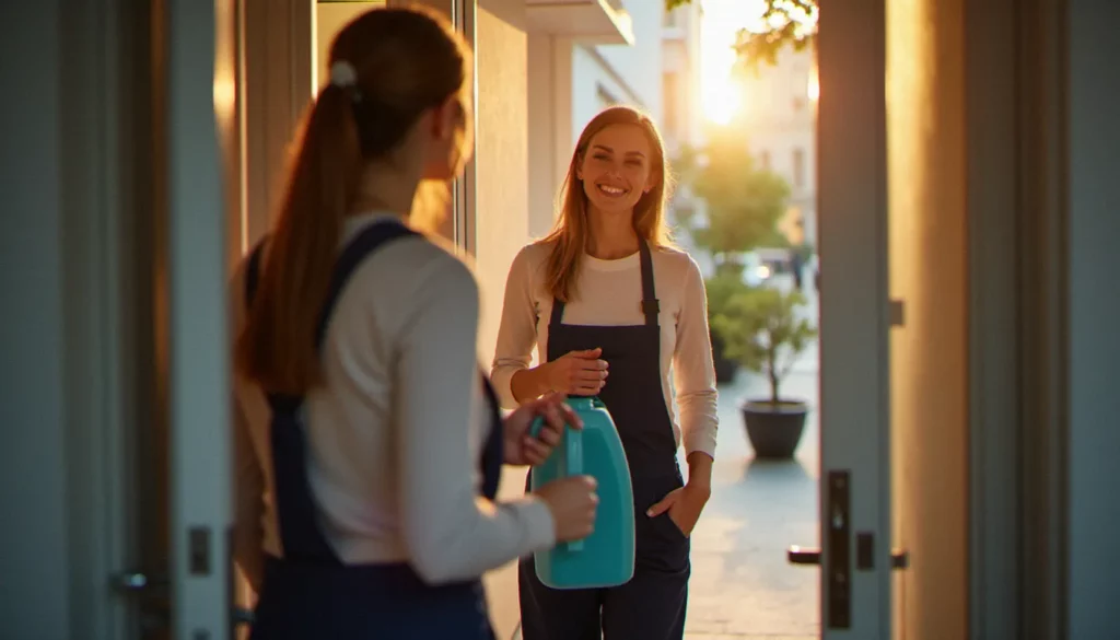 cheques emploi services comment marche featured Une prestataire de services à domicile accueillie par sa cliente à l'entrée d'un appartement, illustrant le fonctionnement des chèques emploi services