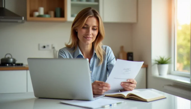 Une femme consulte les démarches pour obtenir des chèques emplois services sur son ordinateur portable à domicile, carnet CESU posé sur la table