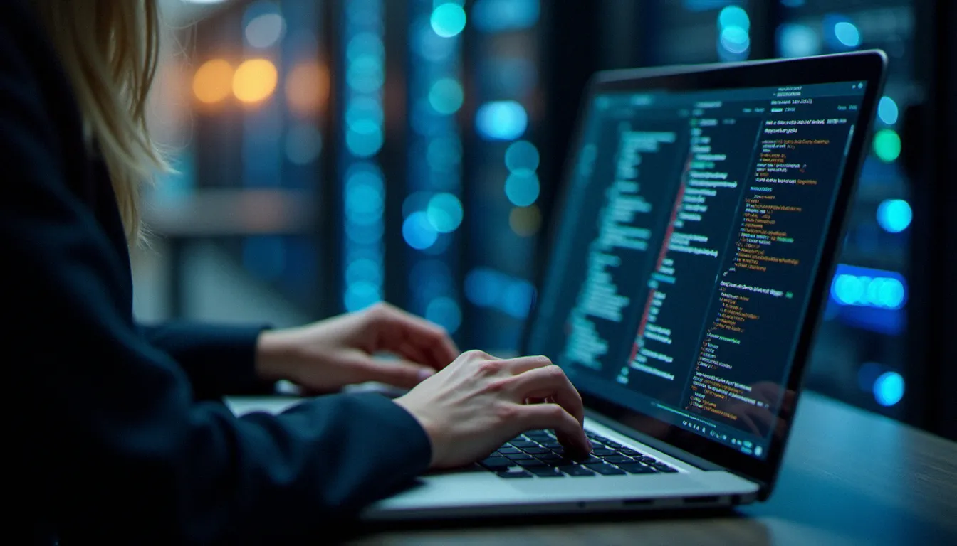 Consultante technique d'une entreprise de services du numérique travaillant sur du code informatique avec une salle de serveurs illuminée en arrière-plan
