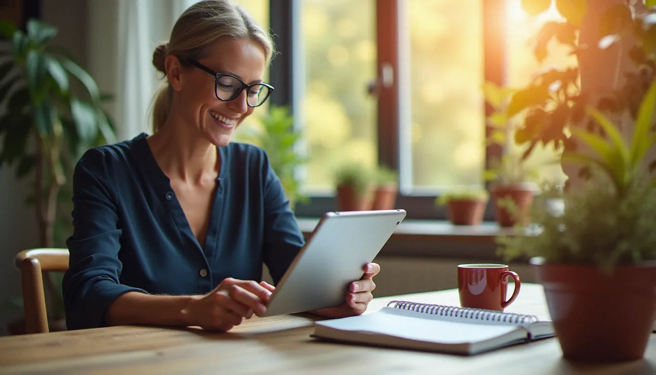 Cheffe d'une entreprise de services souriant en consultant son application de gestion numérique sur tablette, illustrant le gain de confort offert par une entreprise de services du numérique