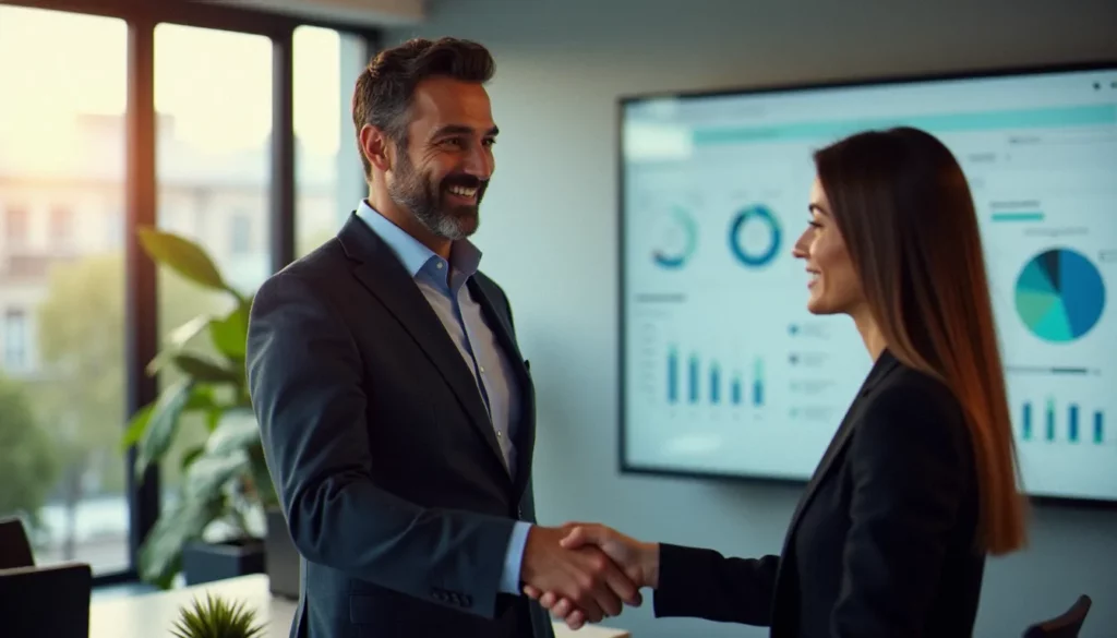 Dirigeant d'entreprise concluant un partenariat avec une consultante d'une entreprise de services du numérique dans un bureau moderne lumineux