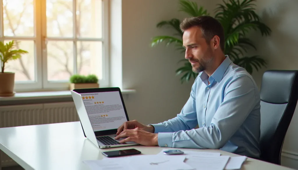 Conseiller en services à domicile analysant des avis clients etienne services sur ordinateur portable dans un bureau professionnel lumineux à Clermont-Ferrand
