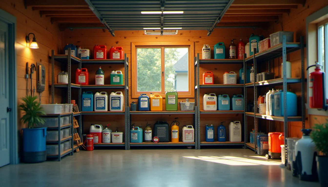 Un garage domestique organisé selon les normes de prévention des fire services dangerous goods, avec des produits correctement étiquetés, séparés et un extincteur accessible