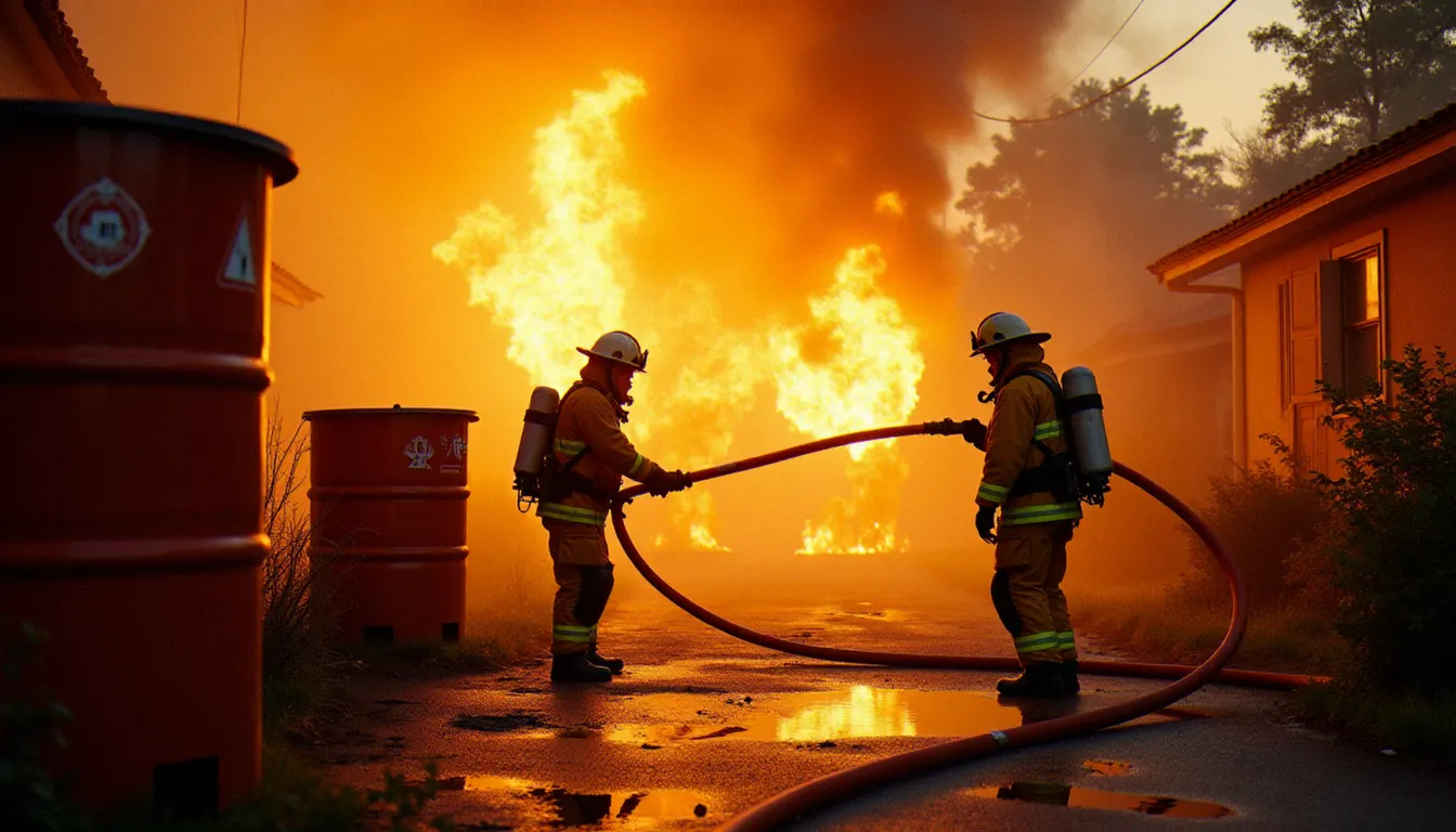 Des sapeurs-pompiers en tenue de protection complète intervenant sur un sinistre impliquant des fire services dangerous goods dans un environnement résidentiel