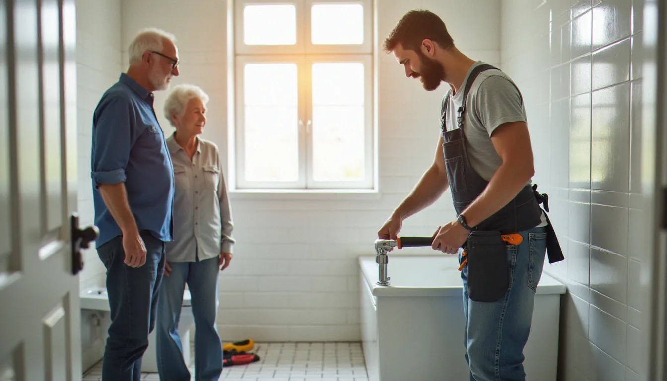 Un artisan local installant une barre d'appui dans une salle de bain pour l'adaptation du logement d'un couple de seniors, exemple concret de service de proximité