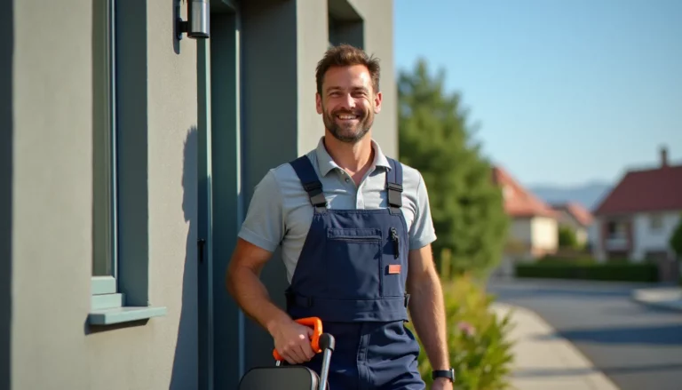 Technicien de service à domicile en tenue professionnelle accueilli par un particulier à l'entrée de sa maison, illustration des france services autour de moi