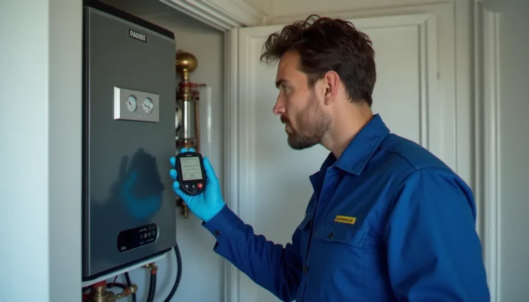 Technicien effectuant l'entretien d'une chaudière à mazout dans une salle technique résidentielle, illustrant un contrat full services prix mazout