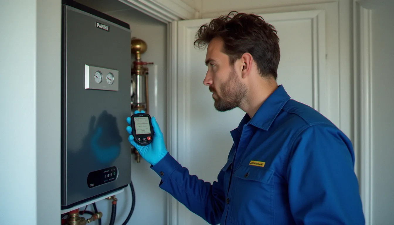 Technicien effectuant l'entretien d'une chaudière à mazout dans une salle technique résidentielle, illustrant un contrat full services prix mazout