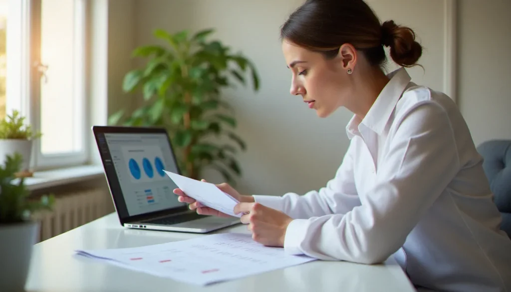 Conseiller en services à domicile analysant des avis Jevo Services sur ordinateur et documents dans un appartement lumineux