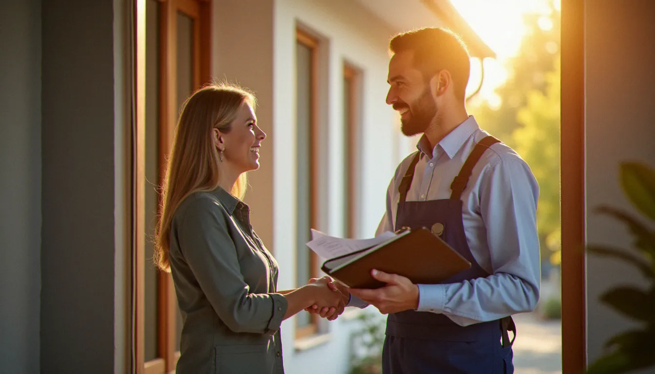 Technicien de services à domicile accueilli chaleureusement par une cliente, illustrant la qualité de service au cœur des loc services avis positifs