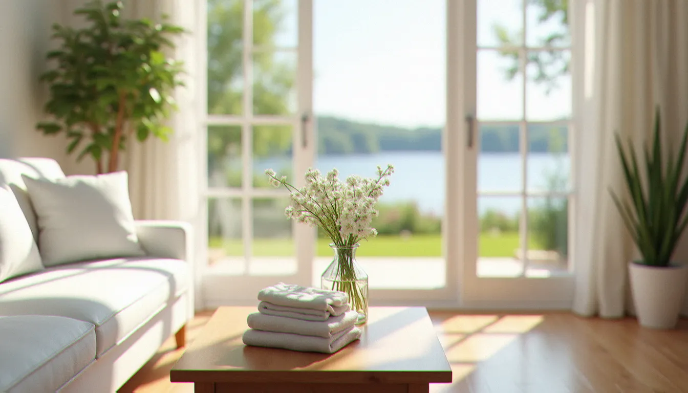 Intérieur d'un domicile parfaitement entretenu à Aix-les-Bains grâce aux meilleurs services ménagers professionnels, avec vue sur le jardin et le lac