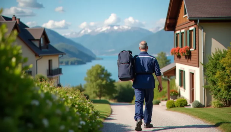 Prestataire de services professionnels se rendant chez un client pour assurer les meilleurs services à Aix-les-Bains, avec le lac du Bourget visible en arrière-plan