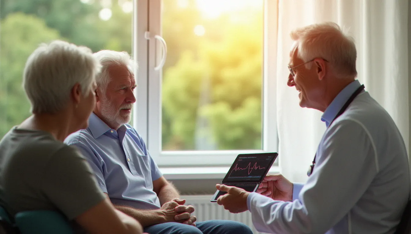 Couple de patients âgés en consultation cardiologique avec leur médecin dans une clinique française lumineuse, symbolisant l'accès guidé aux meilleurs services cardiologie France