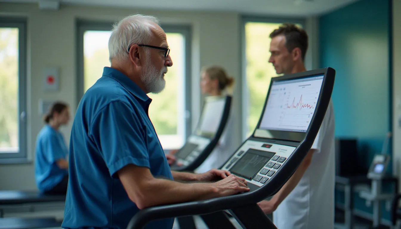 Patient en séance de réhabilitation cardiaque supervisée sur tapis de course dans un centre spécialisé français, avec un professionnel de santé qui contrôle les données en temps réel