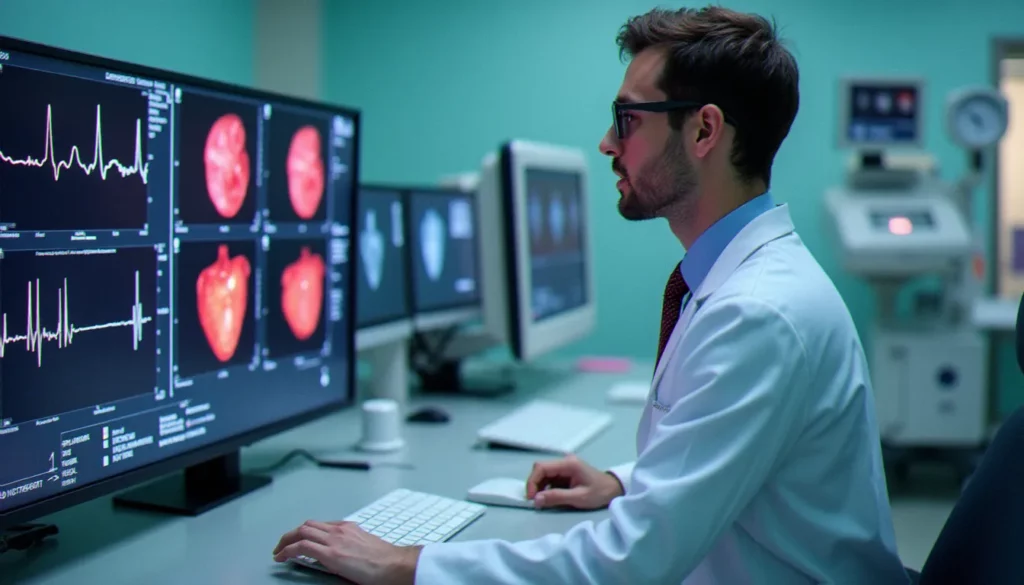 meilleurs services cardiologie france featured Cardiologue en blouse blanche analysant des images cardiaques sur écran numérique dans un service de cardiologie moderne en France, illustrant l'excellence des meilleurs services cardiologie France