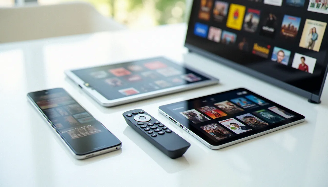 Quatre appareils connectés disposés côte à côte affichant des grilles de contenus, illustrant la compatibilité multiplateforme des services de streaming modernes