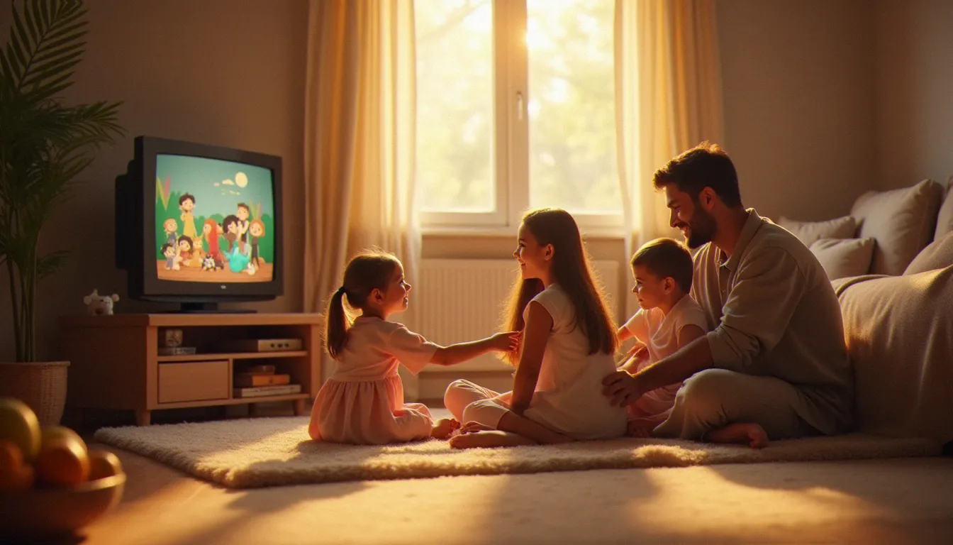 Une famille avec deux jeunes enfants réunie dans leur salon pour partager un moment de détente devant un service de streaming adapté à la jeunesse